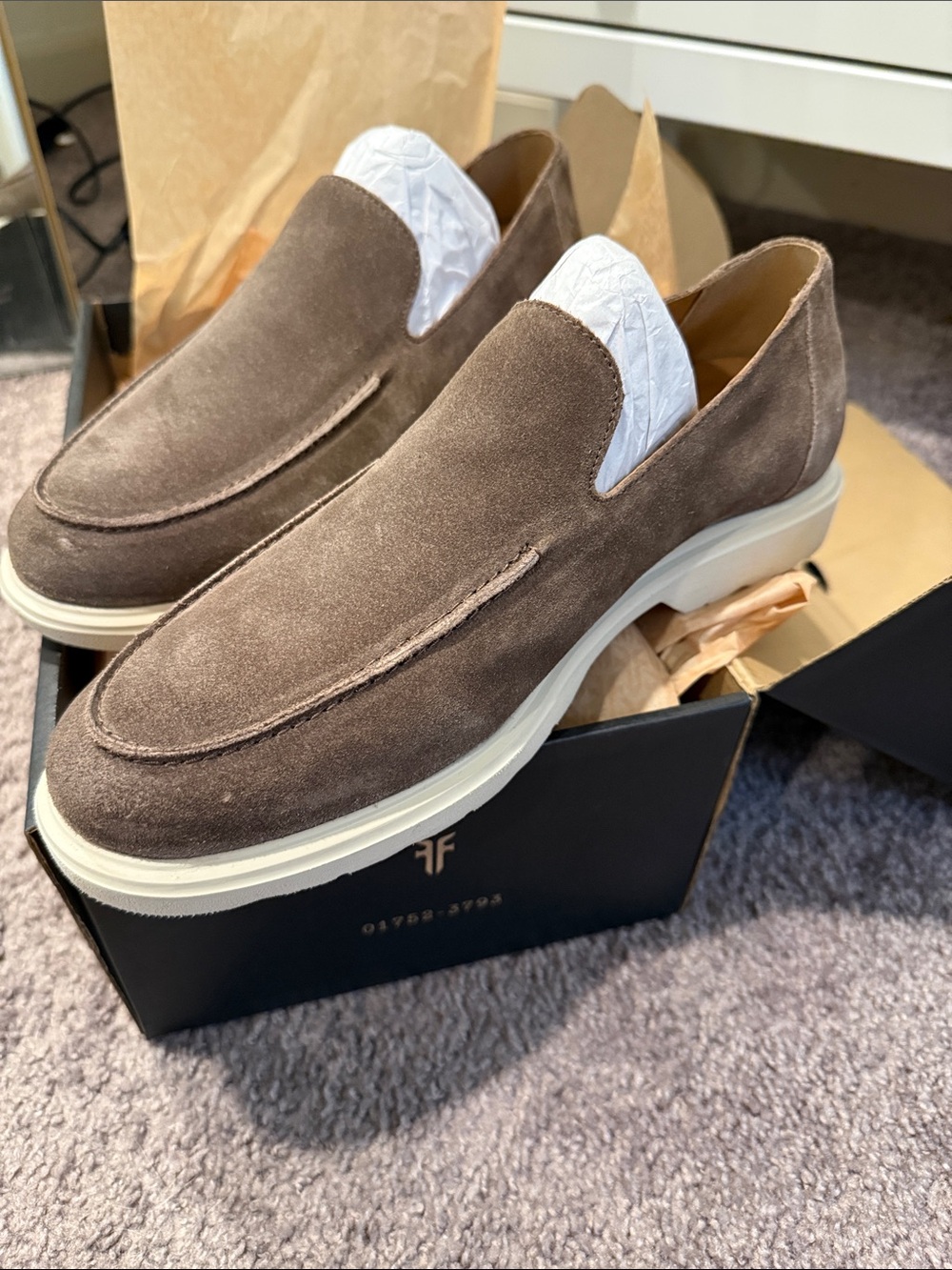 Frye Conner Venetian Taupe Suede Slip-On Loafers with White Sole